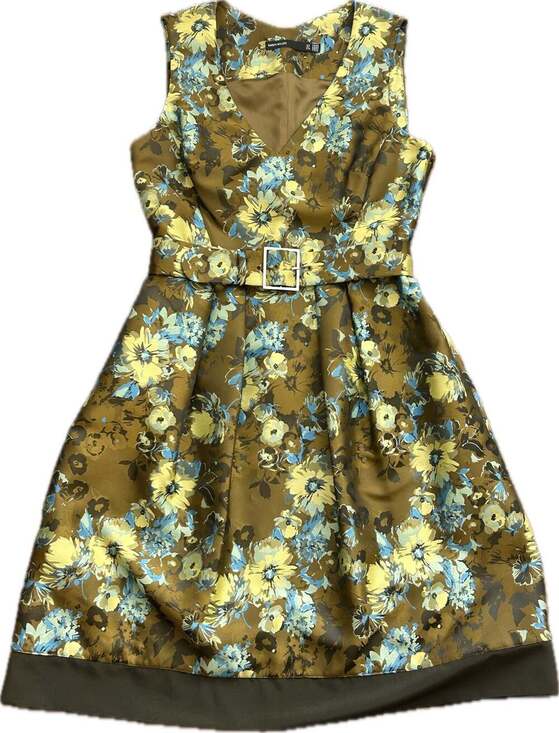 Karen Millen Dresses & Skirts - Karen Millen Olive Green Floral Print Sleeveless Belted Dress Size 10 Retro